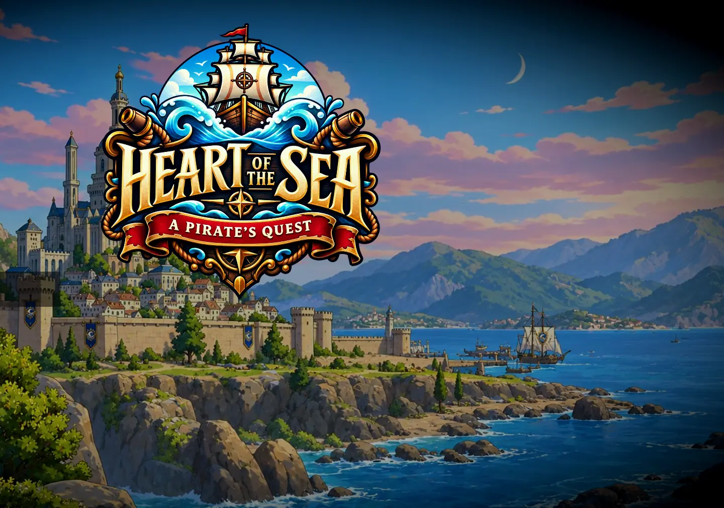 Heart of the Sea title art: the game logo over the walled harbour town of Pantherport at dusk.