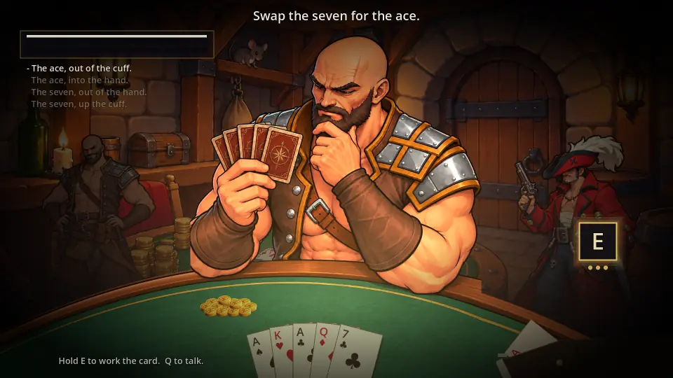 A card-cheating mini-game at a tavern table, with a bald gambler holding his hand of cards.