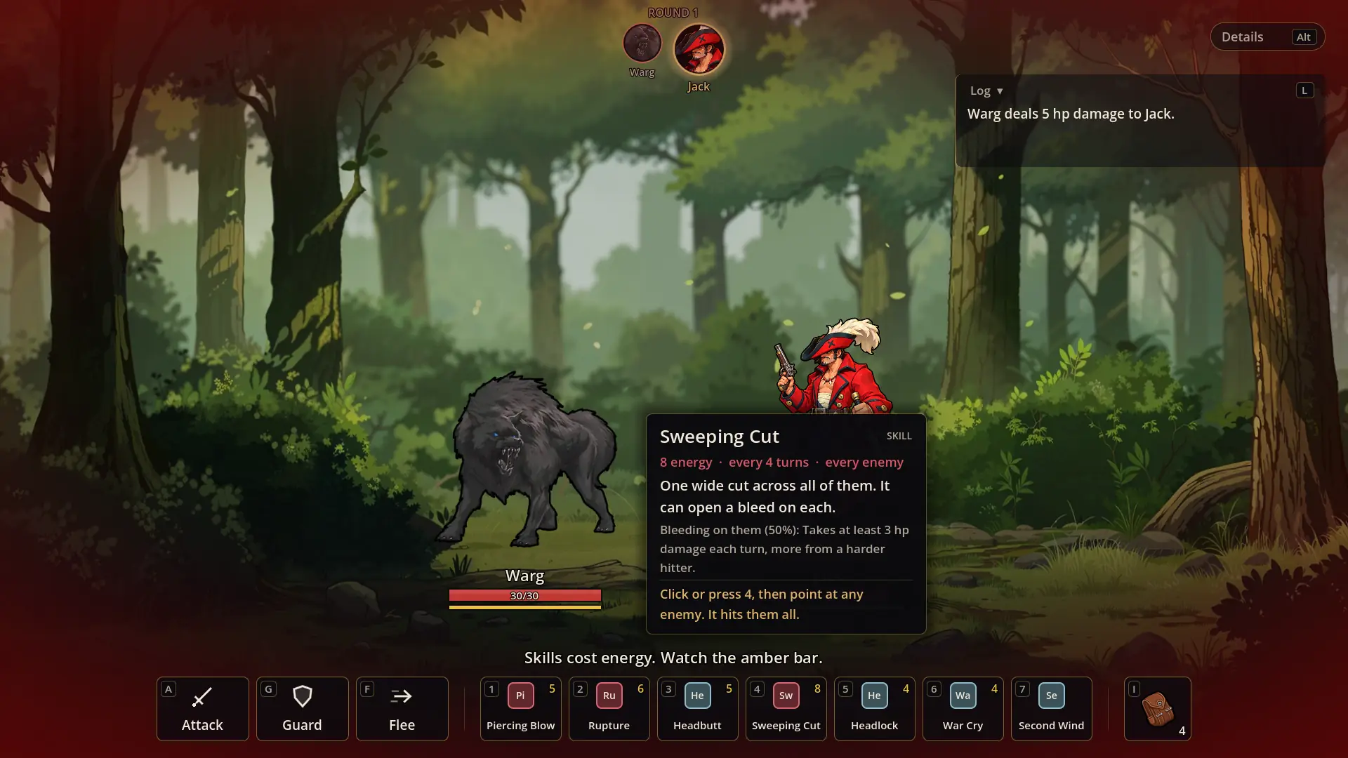 Turn-based combat against a warg in the forest, with a skill tooltip explaining Sweeping Cut.