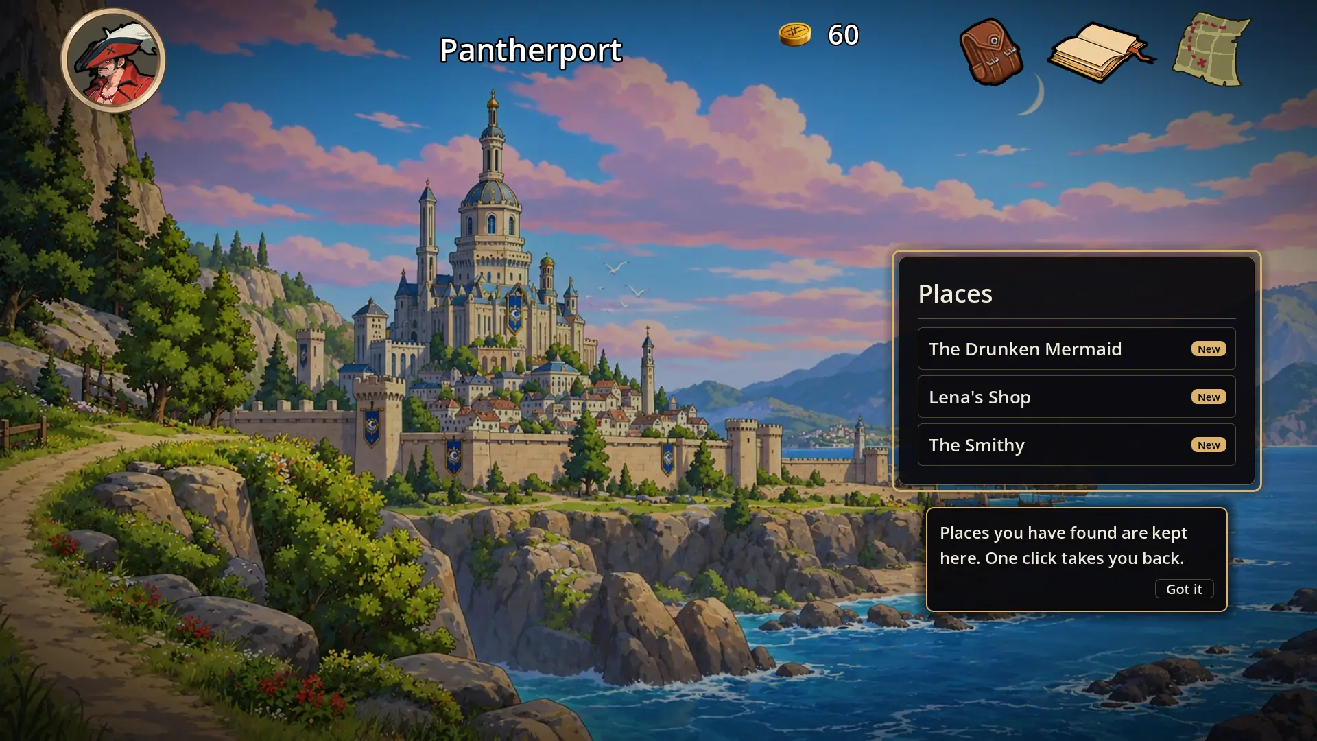 The harbour city of Pantherport at dusk with a list of discovered places: The Drunken Mermaid, Lena’s Shop, The Smithy.