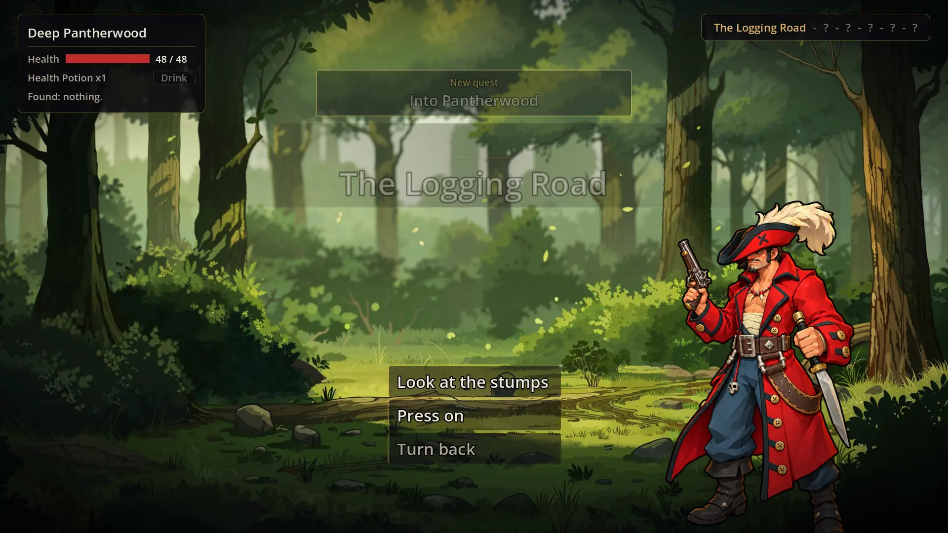 A logging road through the Pantherwood forest with a new quest prompt and three choices.