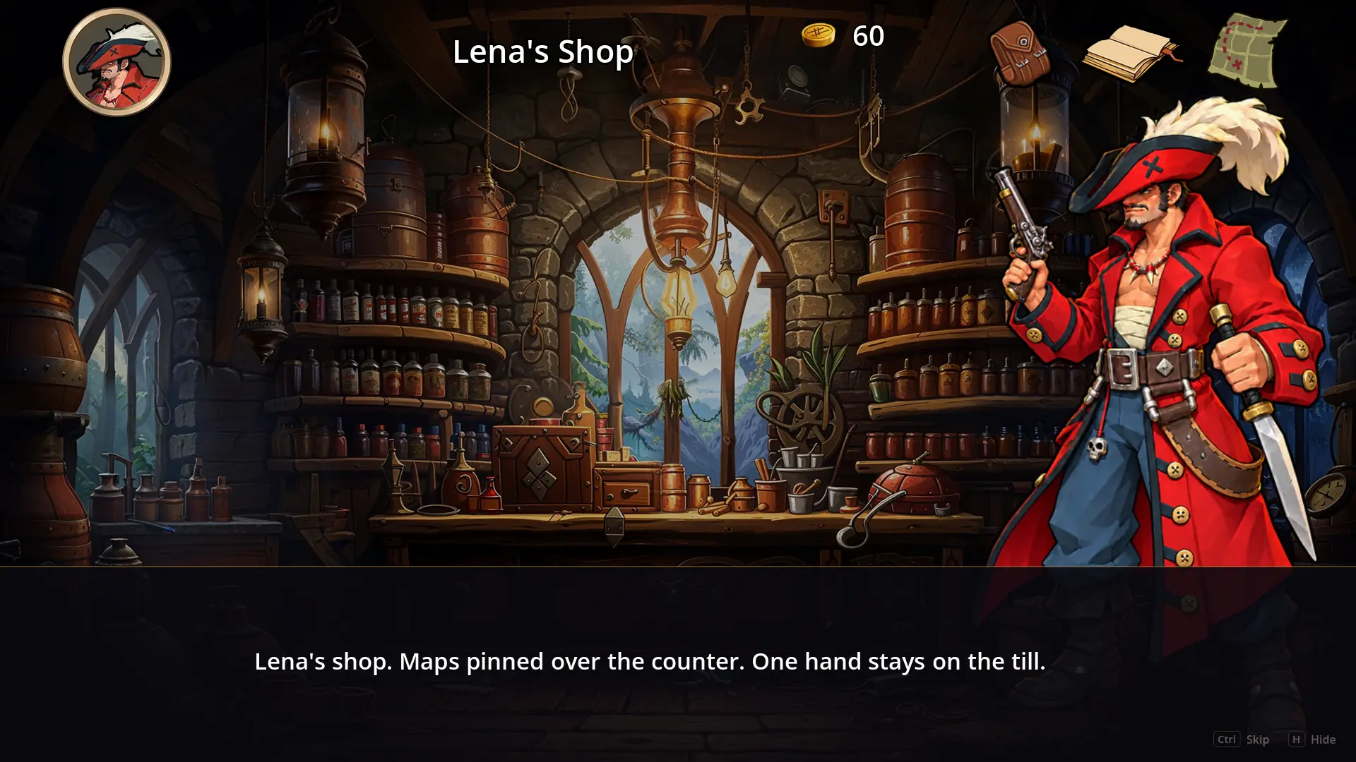 The interior of Lena’s shop, full of lanterns, bottles and charts, with Jack in his red coat.