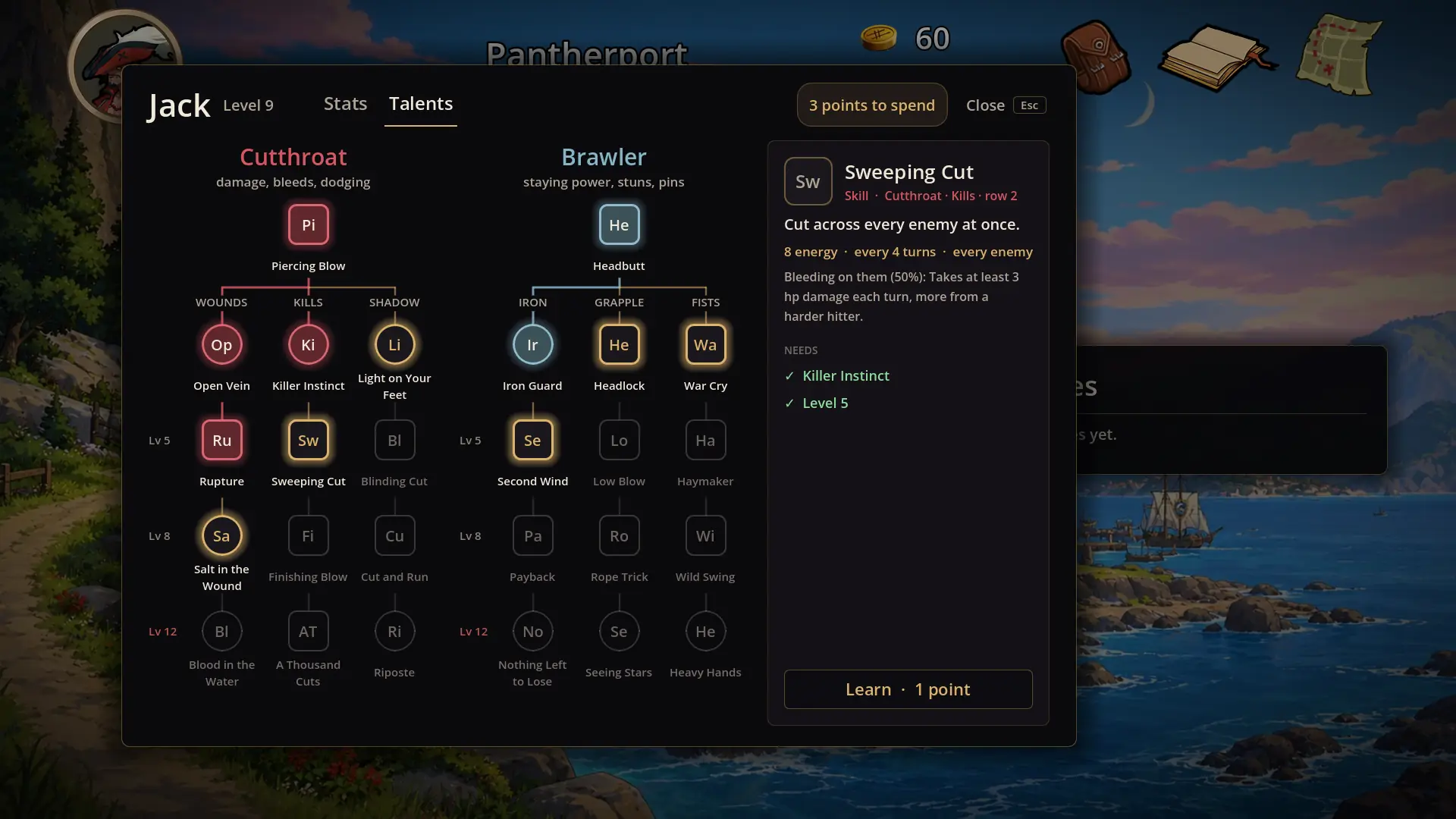 The talent screen showing the Cutthroat and Brawler trees with points to spend.